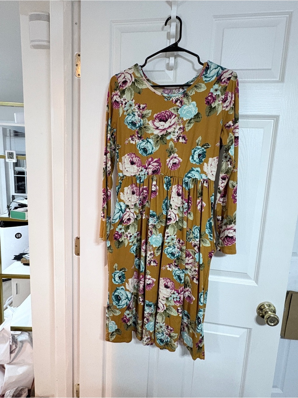 Floral Long-Sleeve Swing Dress in Mustard